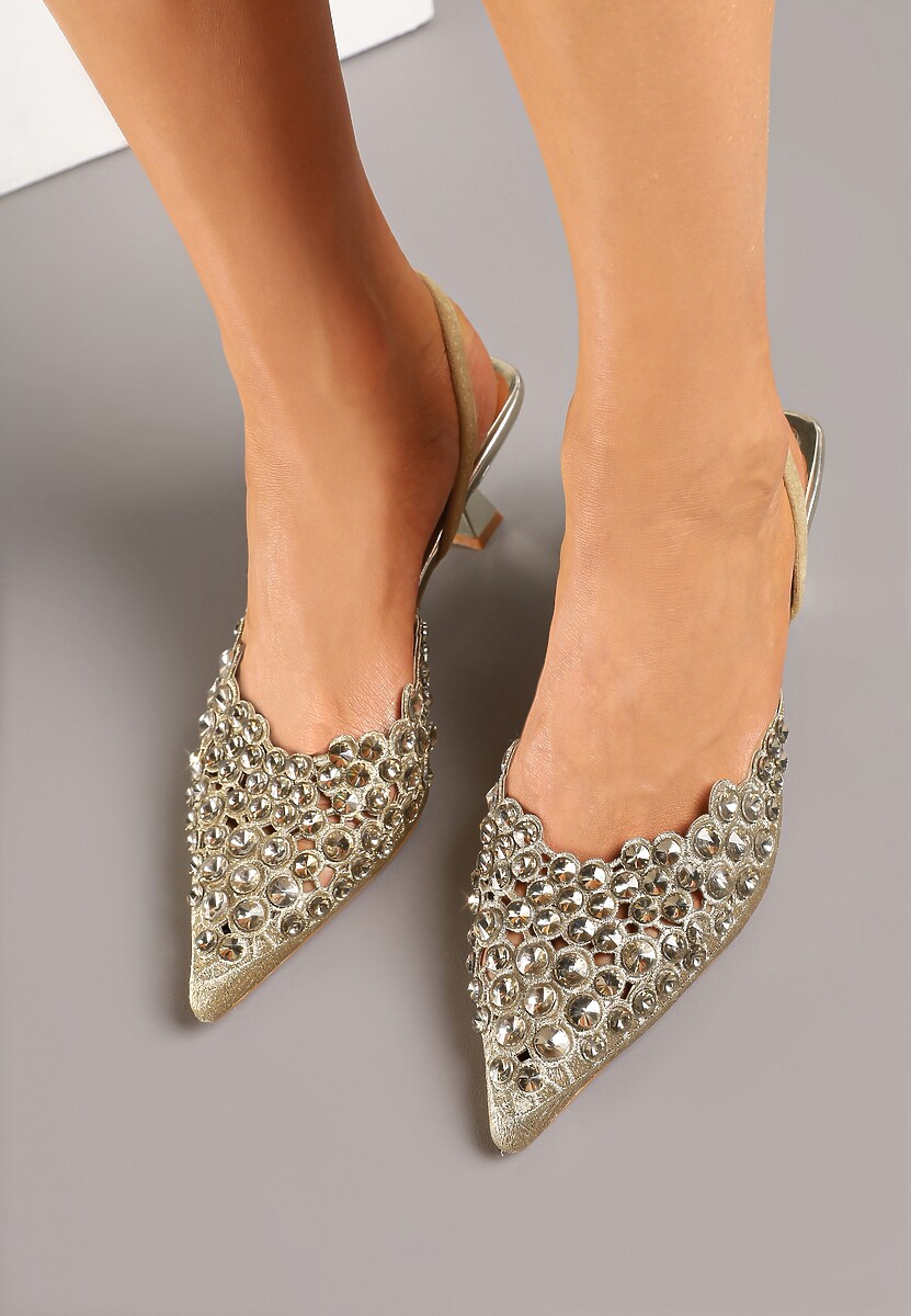 Złote Sandały z Kryształkami na Obcasie Kaczuszka Lenavia