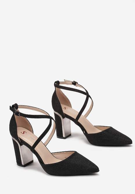 Czarne Czółenka na Słupku z Brokatem i Paskami Christin