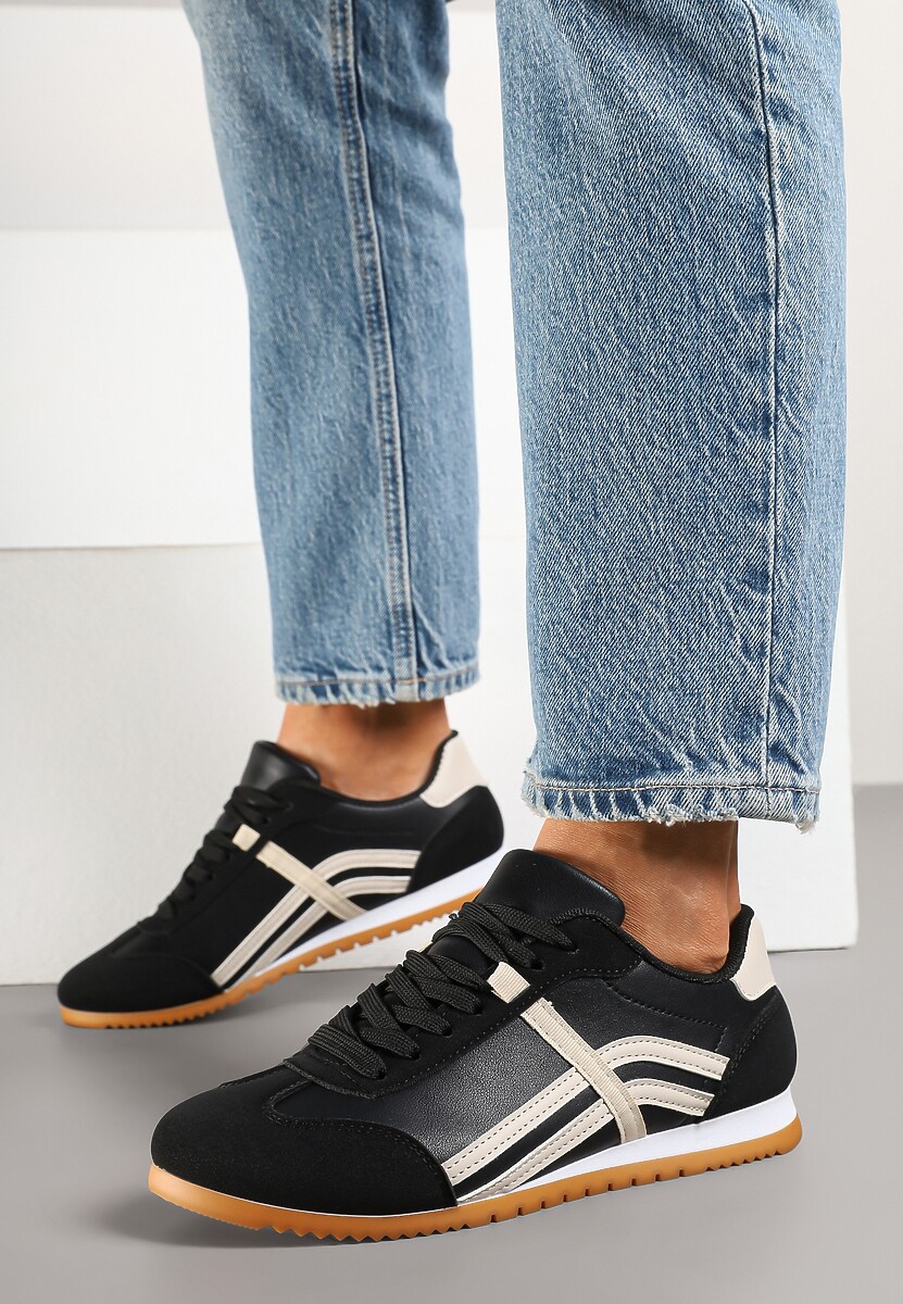 Czarne Sneakersy przed Kostkę z Paskami na Cholewce Deniffia