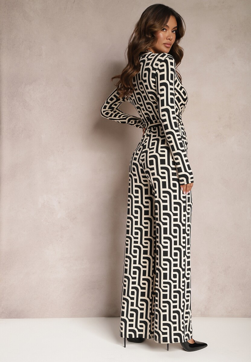 Beżowo-Czarny Luźny Kombinezon z Wiązanym Paskiem w Geometryczny Wzór Elanihera