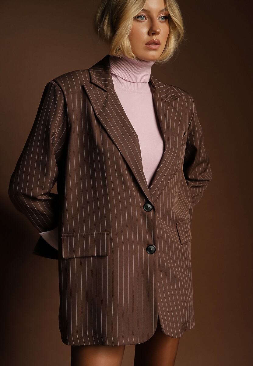 Ciemnobrązowa Marynarka Jednorzędowa o Pudełkowym Kroju w Pionowe Paski Eonevia