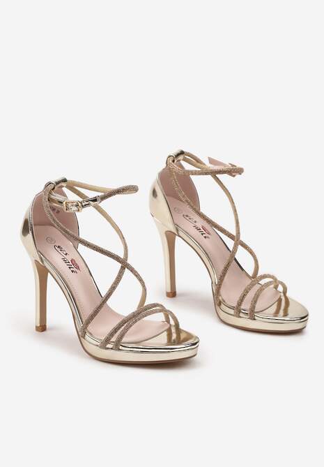 Złote Lakierowane Sandały na Szpilce z Cyrkoniami i Sprzączką Neberia
