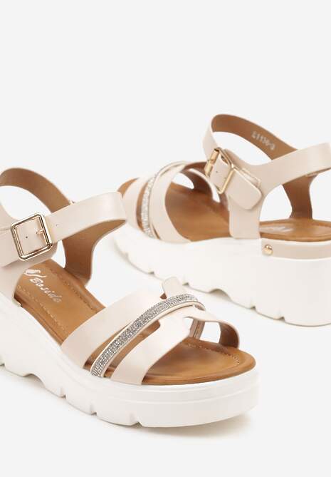 Beżowe Sandały na Koturnie z Paseczkiem z Cyrkoniami Lisindra