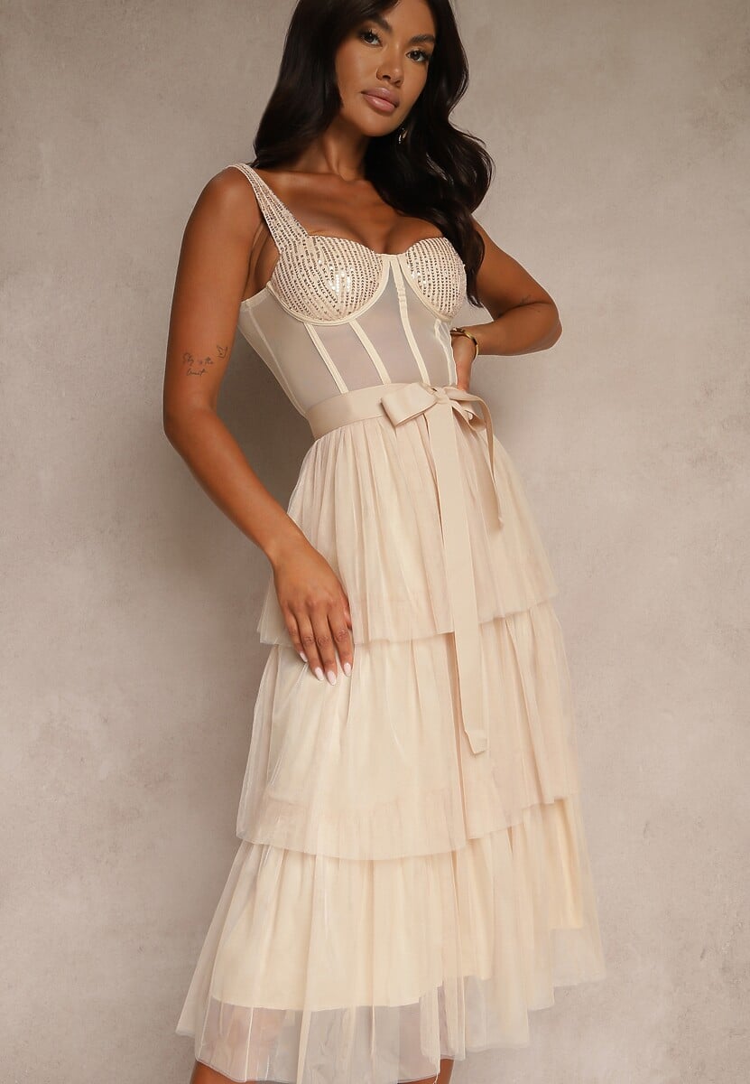 Beżowa Koktajlowa Sukienka na Ramiączkach Ozdobiona Cekinami Falbanami i Kokardą Inalisa