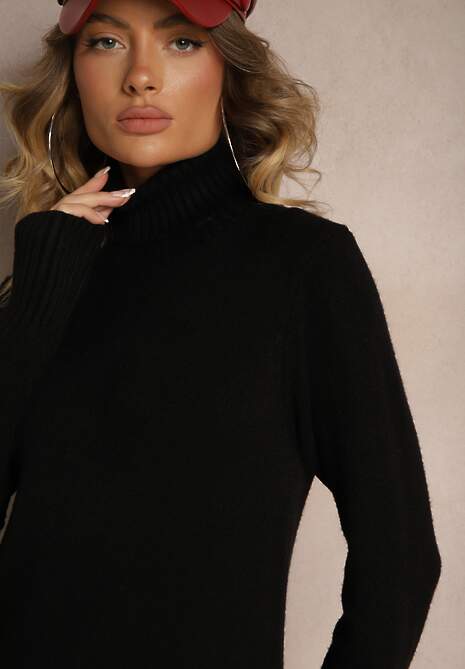 Czarna Sukienka Sweterkowa z Golfem Wełną i Bawełną Kilara