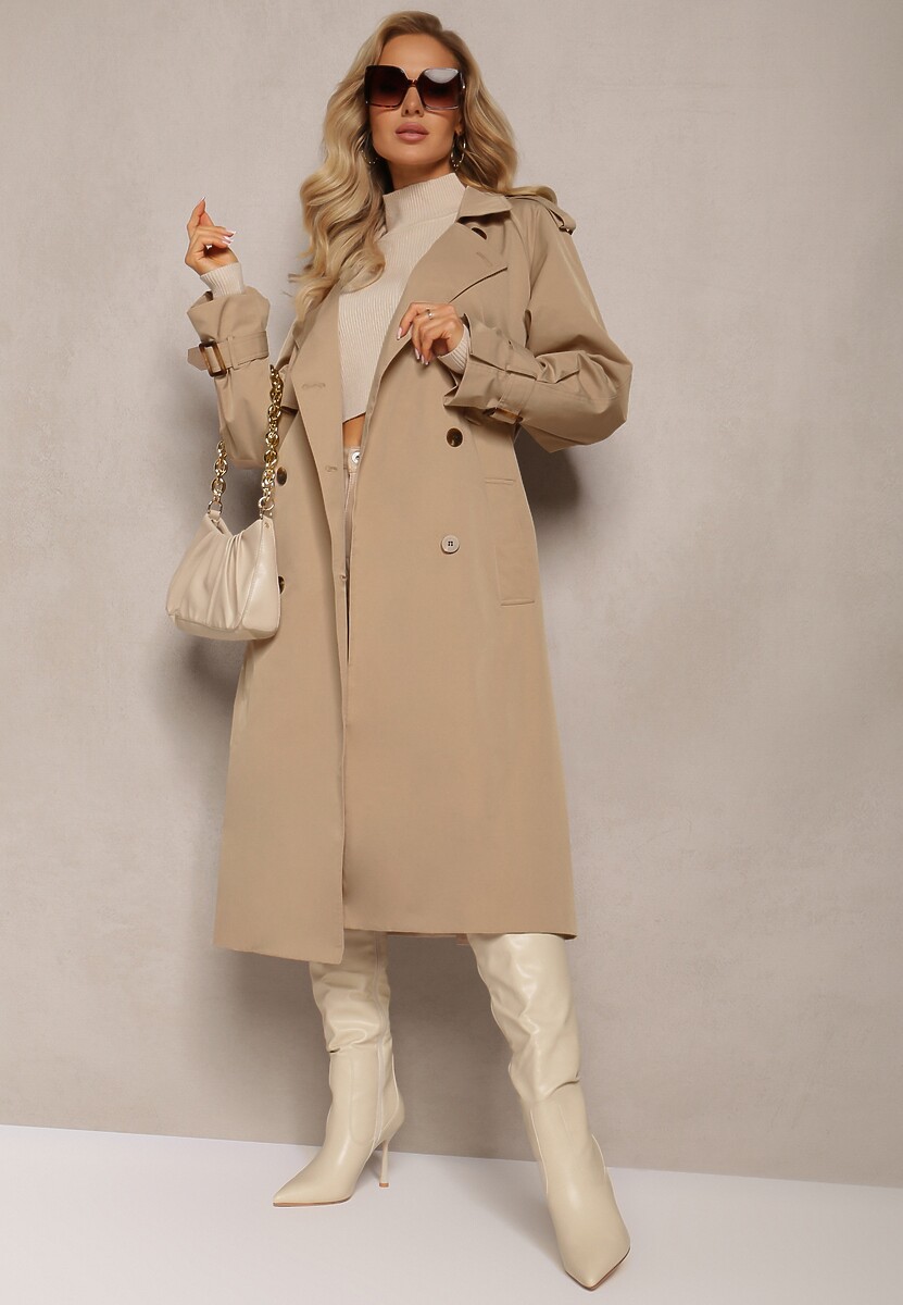 Czarny Płaszcz Trencz Dwurzędowy z Paskiem Lene