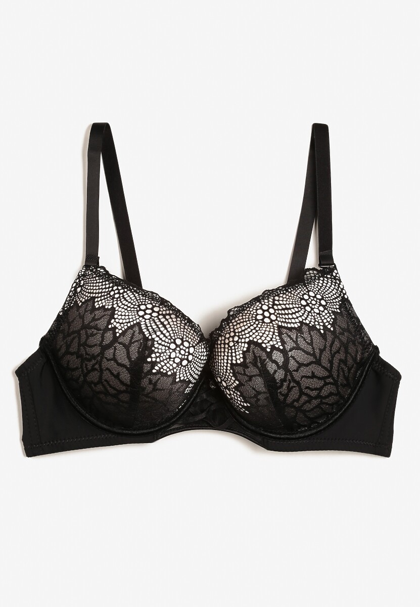 Czarno-Beżowy Biustonosz Push Up z Ozdobną Koronką i Zawieszką Gialine