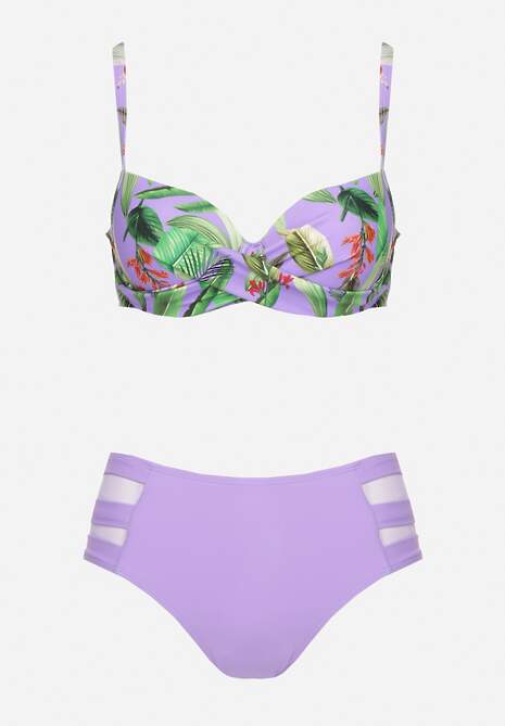 Fioletowe Bikini Biustonosz w Liście i Majtki Figi z Siateczkowymi Wstawkami Kinalea