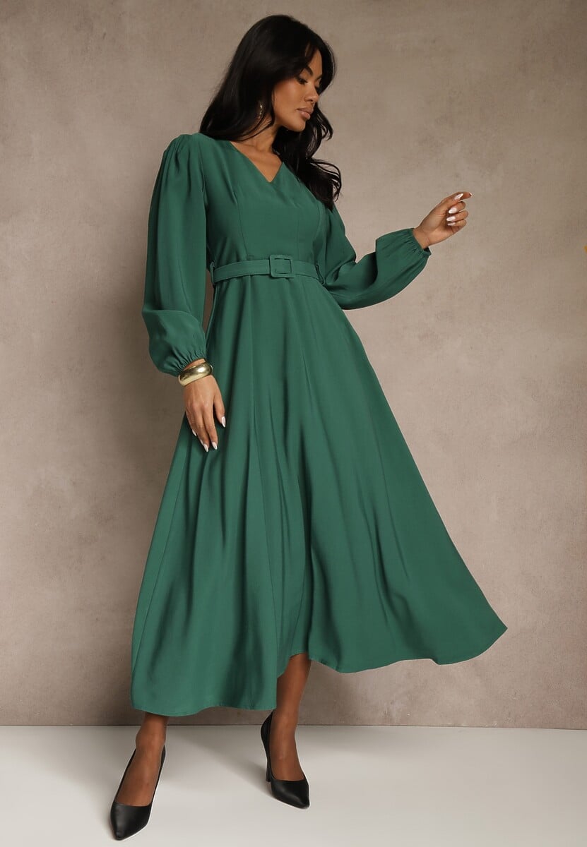 Brązowa Rozkloszowana Sukienka z Wiskozy z Paskiem ze Sprzączką Orille