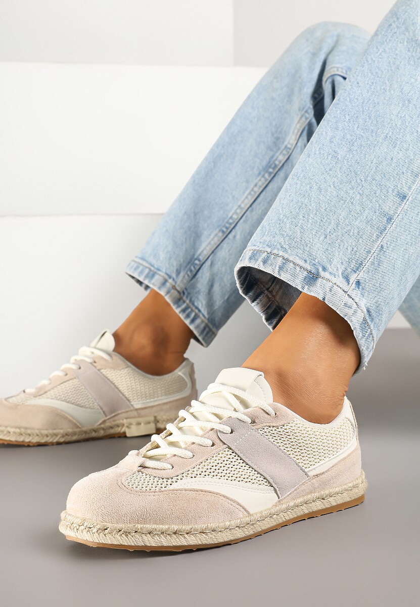 Beżowe Sneakersy Typu Kultowe Tenisówki Zdobione Przeszyciami Grelloti