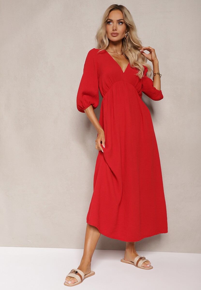 Czerwona Sukienka z Bawełny Ozdobiona Wiązaniem i Gumką w Pasie Wlarina