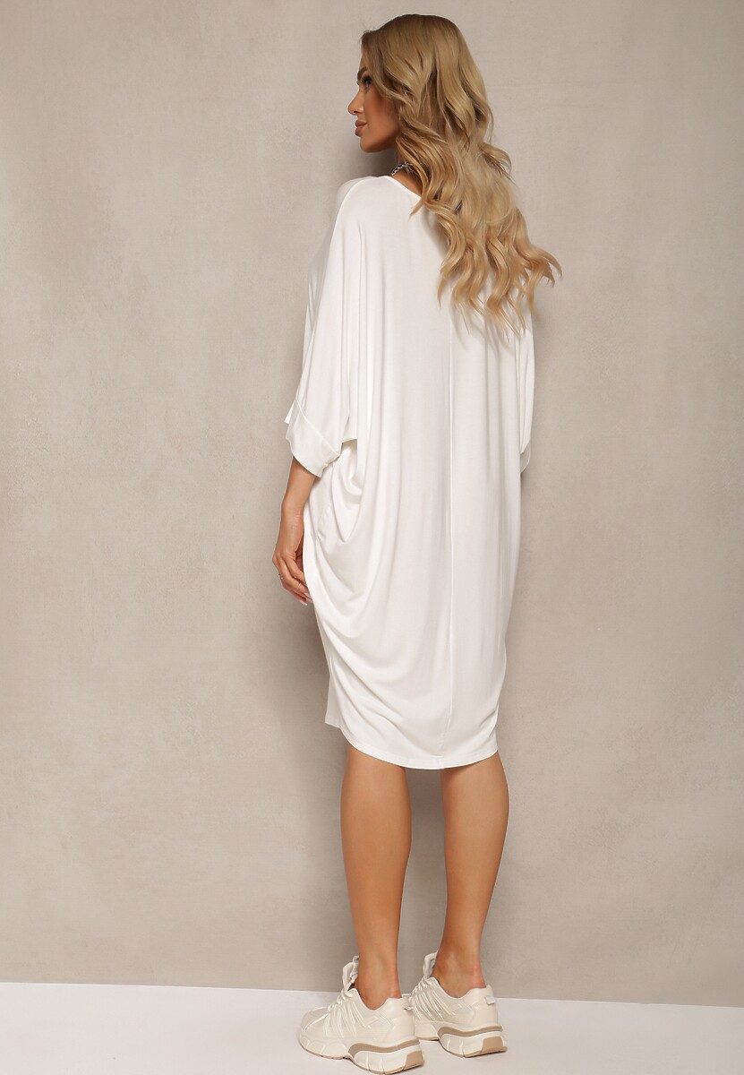 Biała Sukienka z Wiskozy z Krótkim Rękawem w Kroju T-shirt Nelita