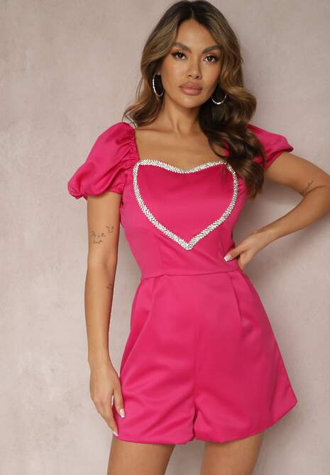 Fuksjowy Kombinezon Krótki z Opadającymi Rękawami i z Serduszkiem z Cyrkonii Yelara