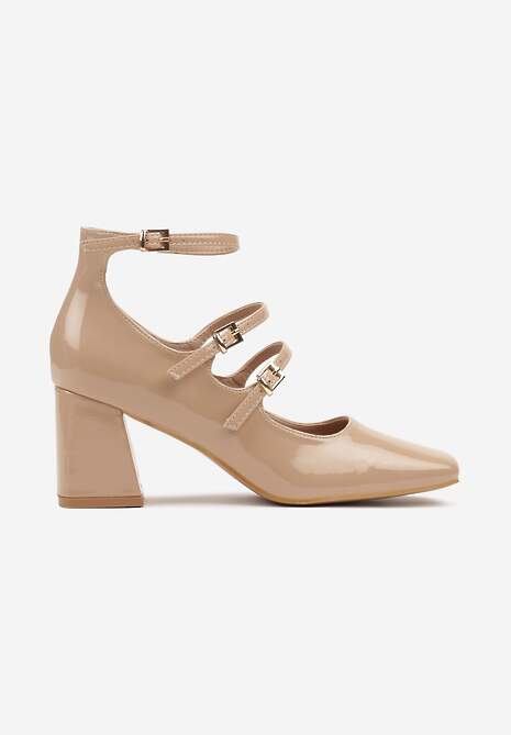 Beżowe Czółenka Lakierowane na Słupku Wykończone Paskami i Sprzączkami Kalivivia