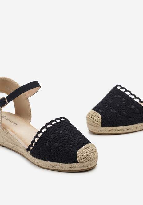 Ciemnogranatowe Sandały w Stylu Espadryli na Koturnie z Plecionką i Ażurowym Noskiem Bellisae