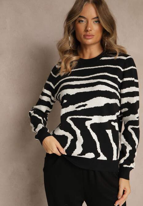 Czarny Klasyczny Sweter w Zebrę Unarella