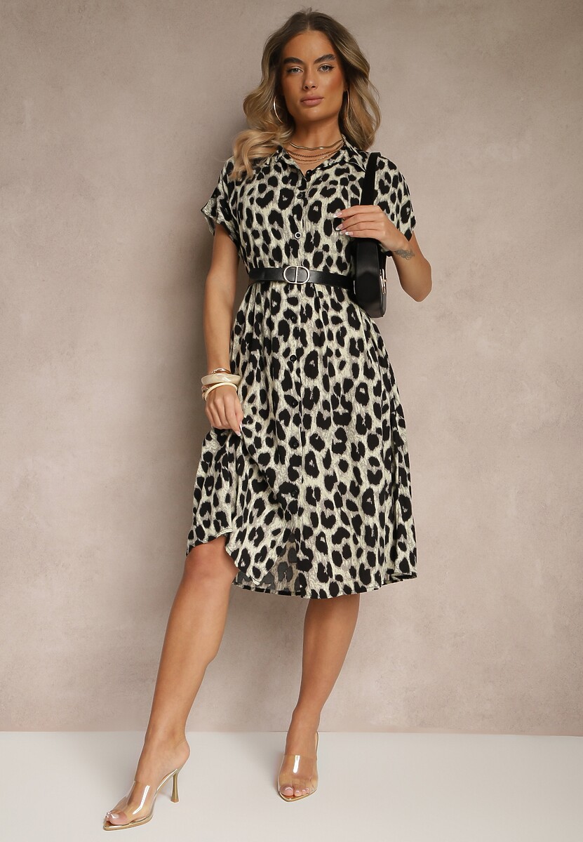 Beżowo-Czarna Koszulowa Sukienka z Bawełny w Panterkowy Print Iffiera