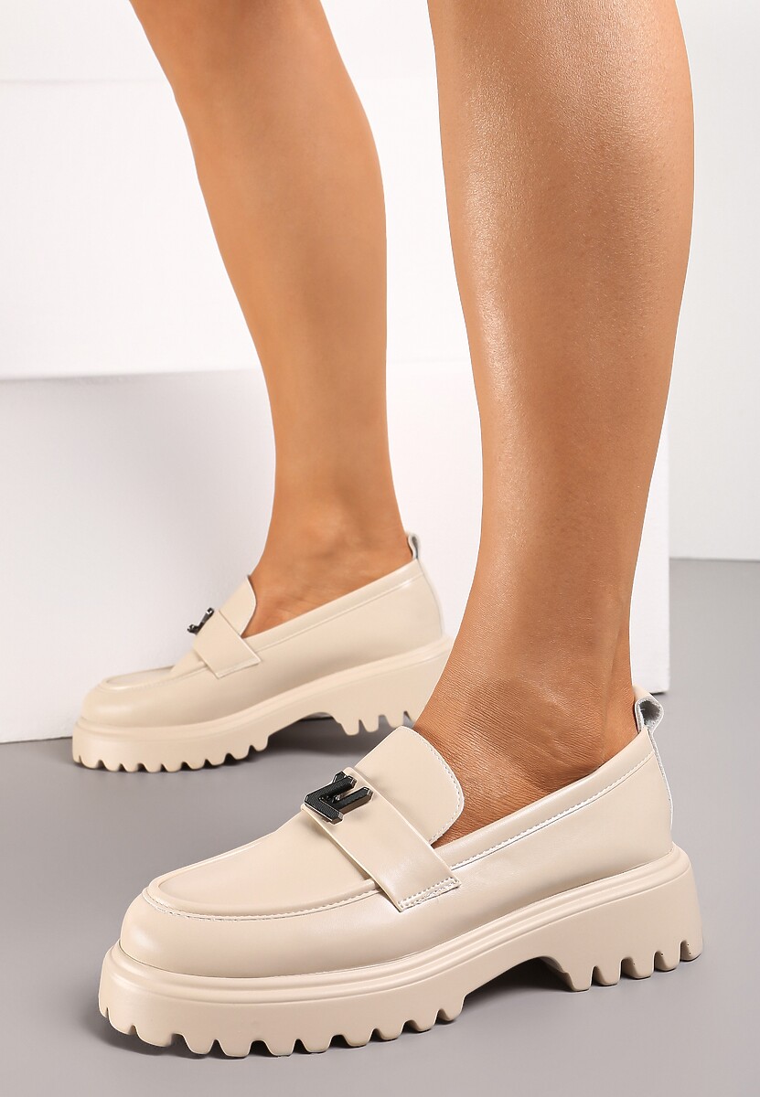 Beżowe Mokasyny z Metalową Klamrą na Grubej Podeszwie ze Żłobieniami Anisle