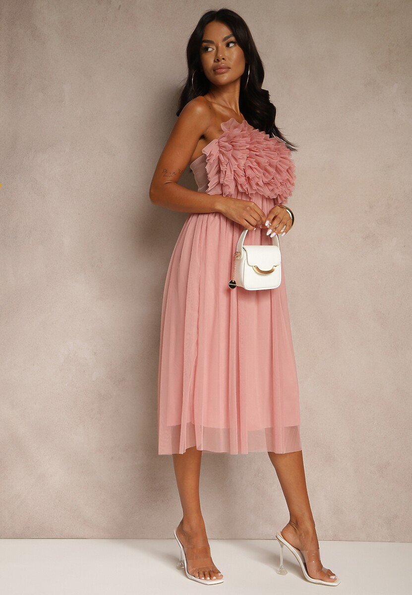 Ciemnoróżowa Tiulowa Sukienka bez Ramiączek z Falbankami Tremone