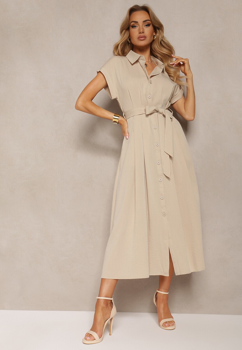 Beżowa Sukienka o Rozkloszowanym Kroju Zapinana na Guziki z Materiałowym Paskiem Moaril