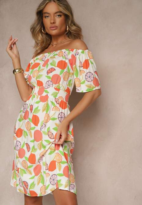 Pomarańczowa Sukienka Typu Hiszpanka z Bawełną ze Wzorem Cytrusów Aprona