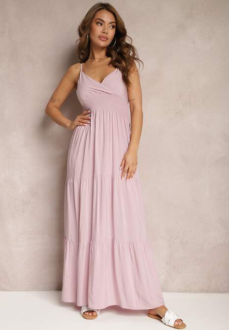 Różowa Sukienka Bawełniana Rozkloszowana Długa na Cienkich Ramiączkach z Regulacją Shalletia