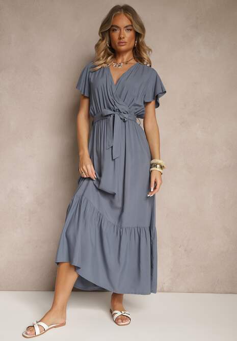 Granatowa Kopertowa Sukienka z Wiskozy Ozdobiona Paskiem Savioneira