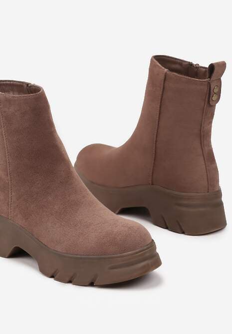 Ciemnobeżowe Casualowe Botki z Ekozamszu na Platformie Naolara