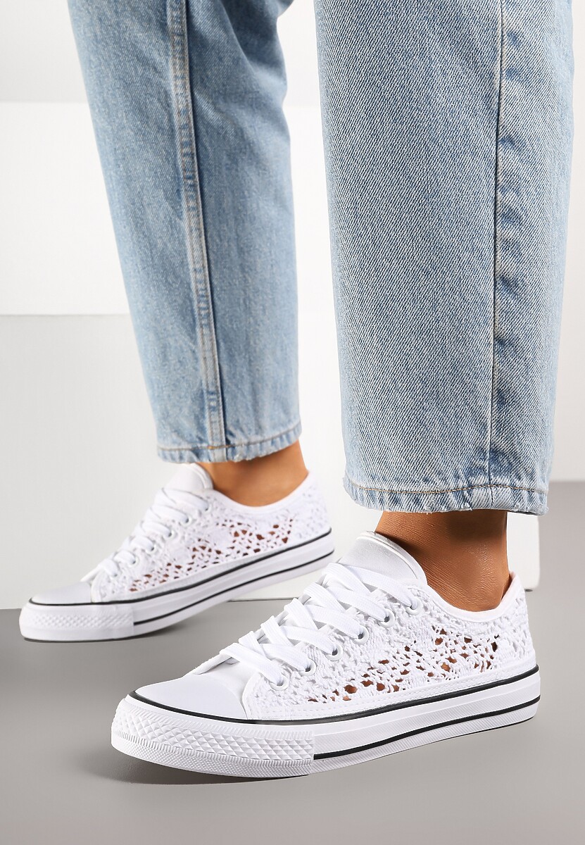 Biało-Czarne Ażurowe Trampki pod Kostkę ze Sznurowaniami Zelimia