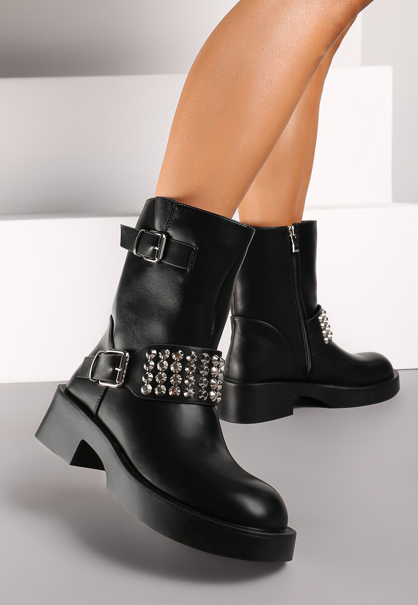 Czarne Botki Biker z Ćwiekami na Szerokim Pasku Ezila