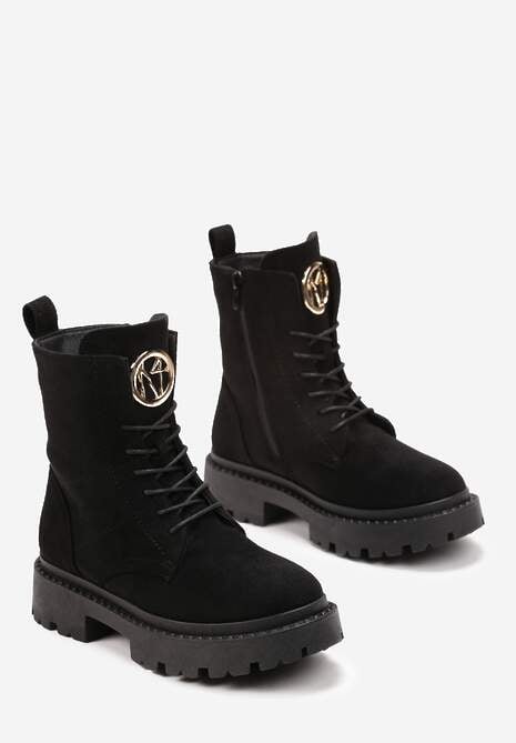 Czarne Botki z Imitacji Zamszu na Płaskiej Podeszwie z Przeszyciami i Logo Sylvara