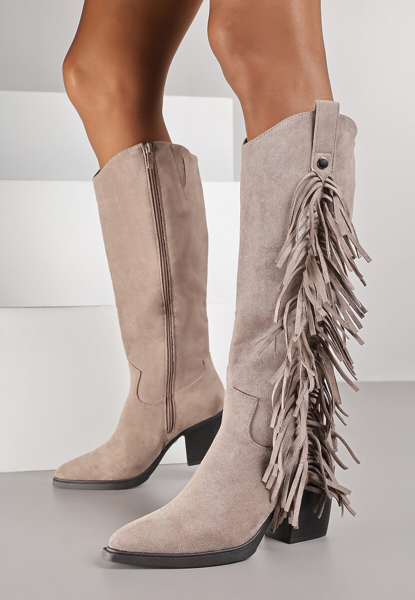 Beżowe Kozaki Kowbojki na Stożku Zdobione Frędzlami Nucca