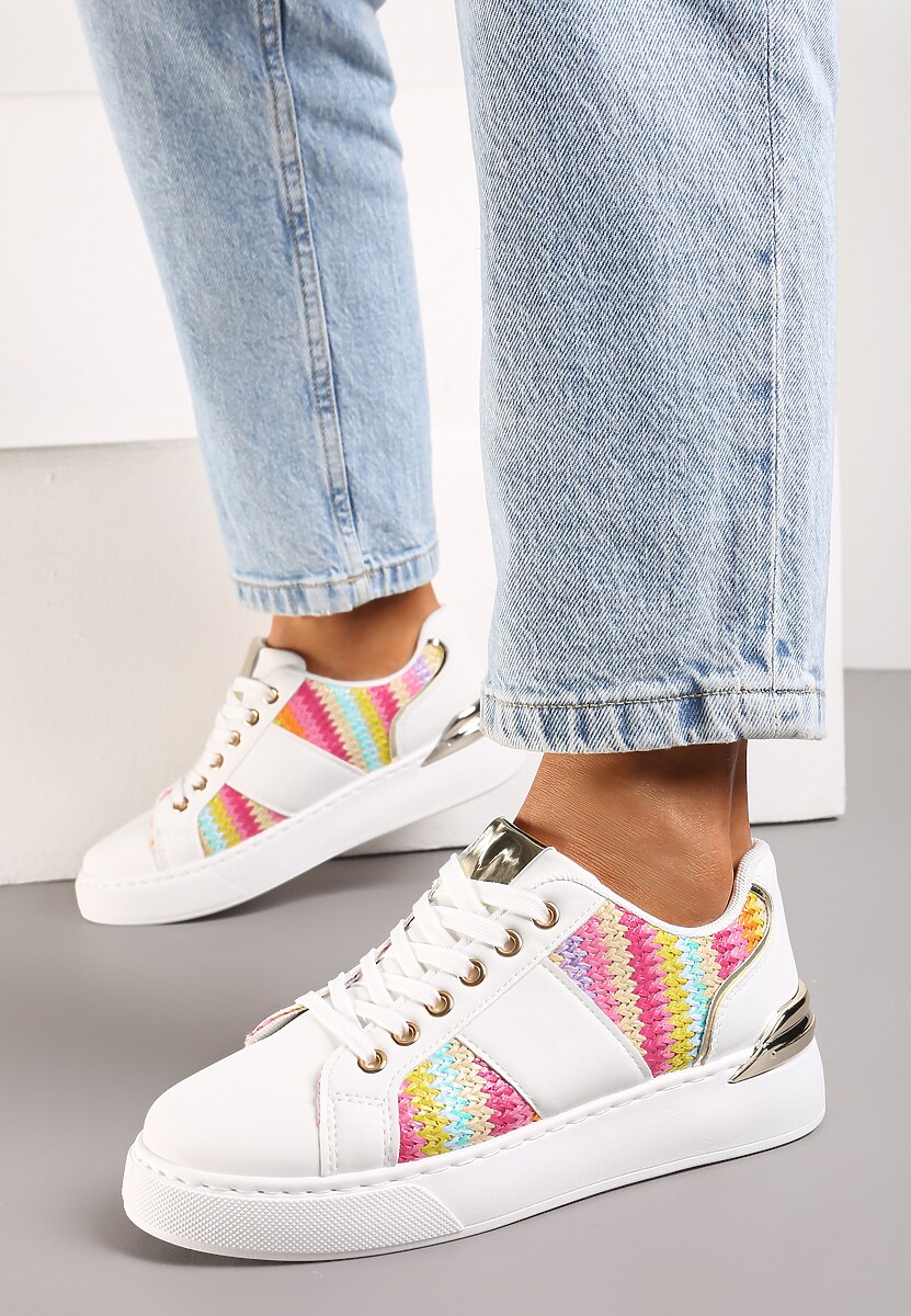 Biało-Różowe Sznurowane Sneakersy z Ekoskóry z Plecionką i Metaliczną Wstawką Josephina