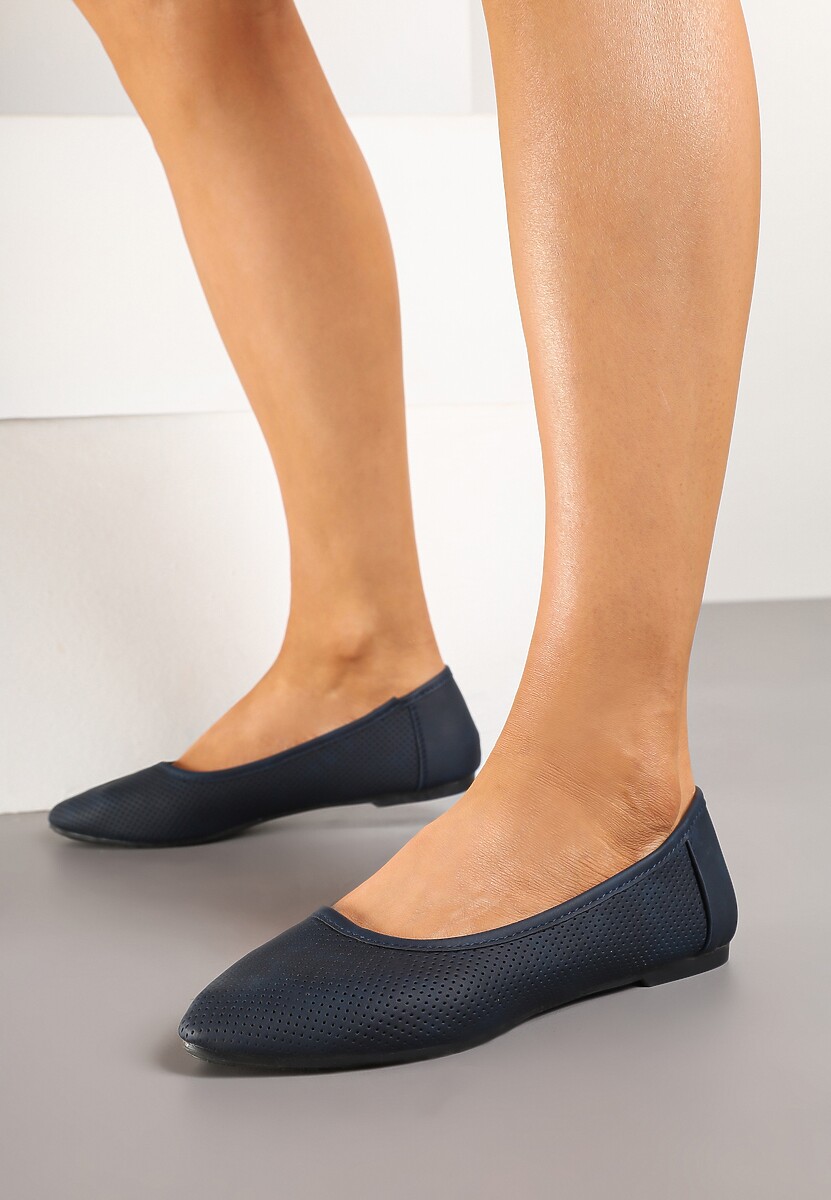 Granatowe Balerinki  ze Skórzaną Wkładką i Siateczkową Cholewką Gonaviel