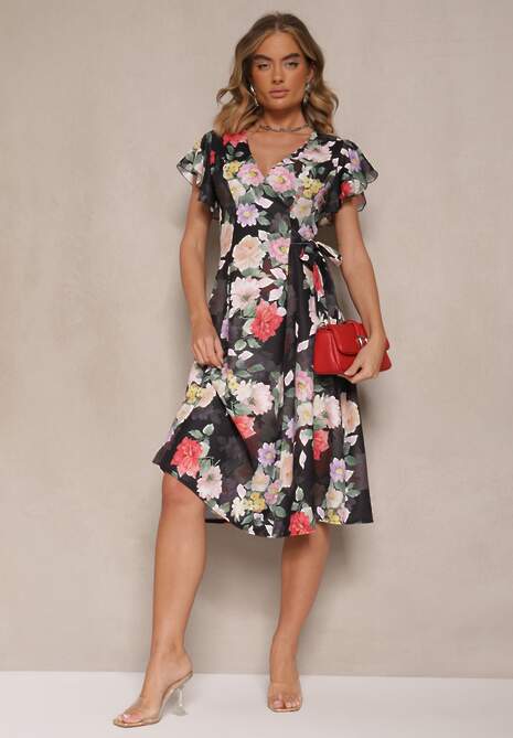 Czarna Kopertowa Sukienka w Kwiaty Atesalia