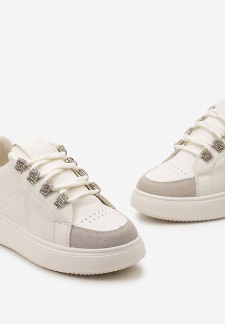 Beżowe Sznurowane Sneakersy z Ekoskóry na Grubej Podeszwie z Ozdobnymi Cyrkoniami Nevarra