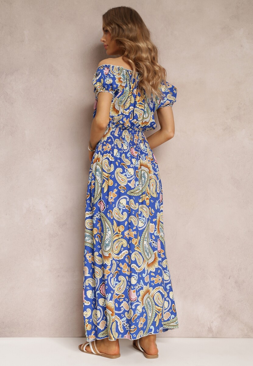 Niebieska  Bawełniana Sukienka Maxi z Hiszpańskim Dekoltem i Cienkimi Gumkami w Talii Alarina