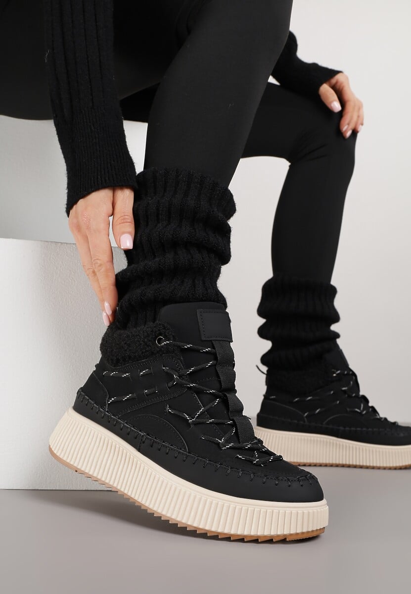 Czarne Śniegowce Traperki Vices z Futerkiem Typu Baranek i Platformą Terivelle