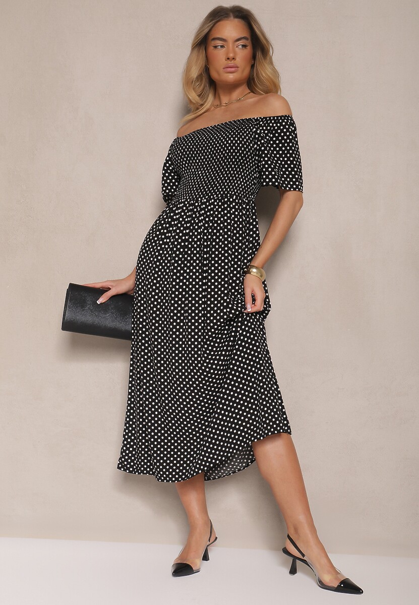 Czarna Bawełniana Sukienka o Rozkloszowanym Kroju Zdobiona Printem w Groszki Lisanovia