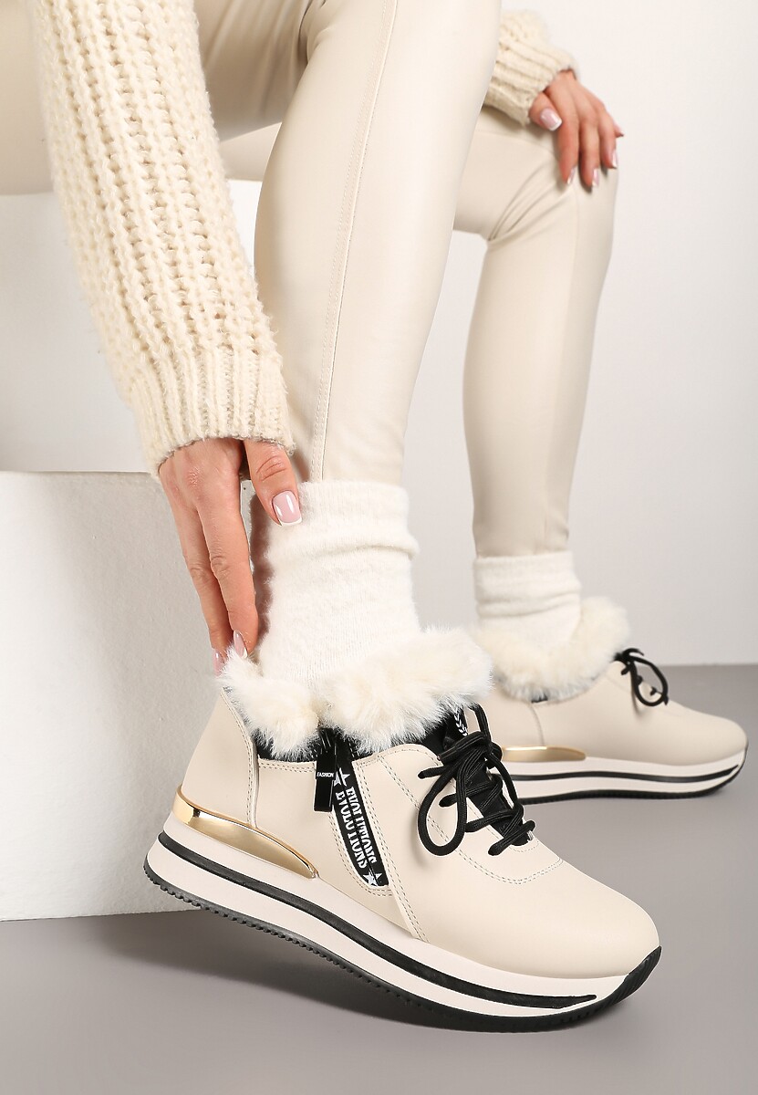 Beżowe Sznurowane Botki Sneakersy z Futerkiem Gameda