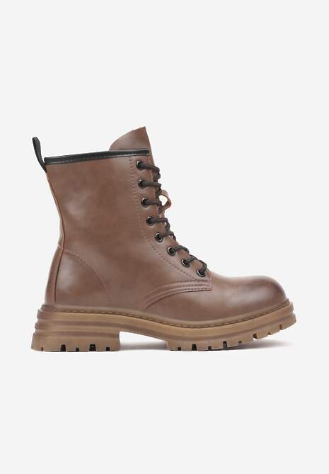 Ciemnobeżowe Botki Workery na Płaskiej Podeszwie ze Sznurowaniem Arstela
