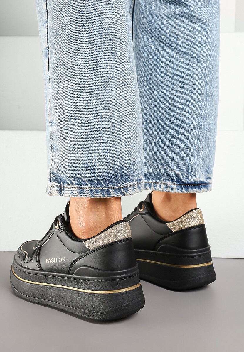 Czarne Sneakersy na Platformie Ozdobione Brokatem i Napisem Udivoria