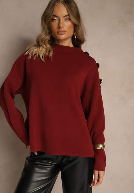 Bordowy Sweter z Metalicznymi Guzikami na Ramieniu Ederlia