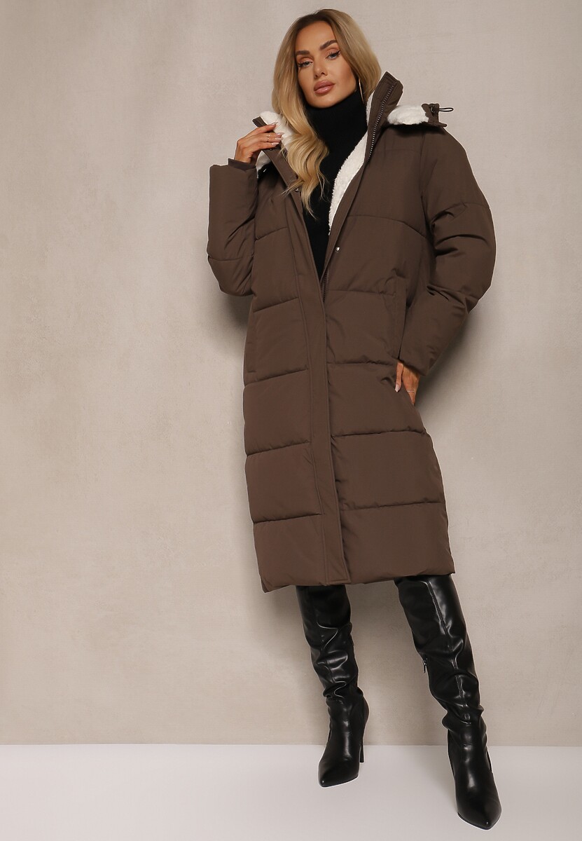 Jasnobeżowa Pikowana Kurtka o Długim Kroju z Odpinanym Kapturem i Kieszeniami Etanore