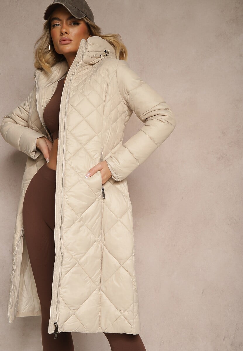 Czarna Kurtka Pikowana o Długim Kroju z Kapturem Erivana