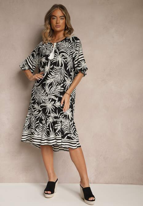 Czarna Pudełkowa Sukienka Zdobiona Roślinnym Printem i Wiązaniem przy Dekolcie Miranissa