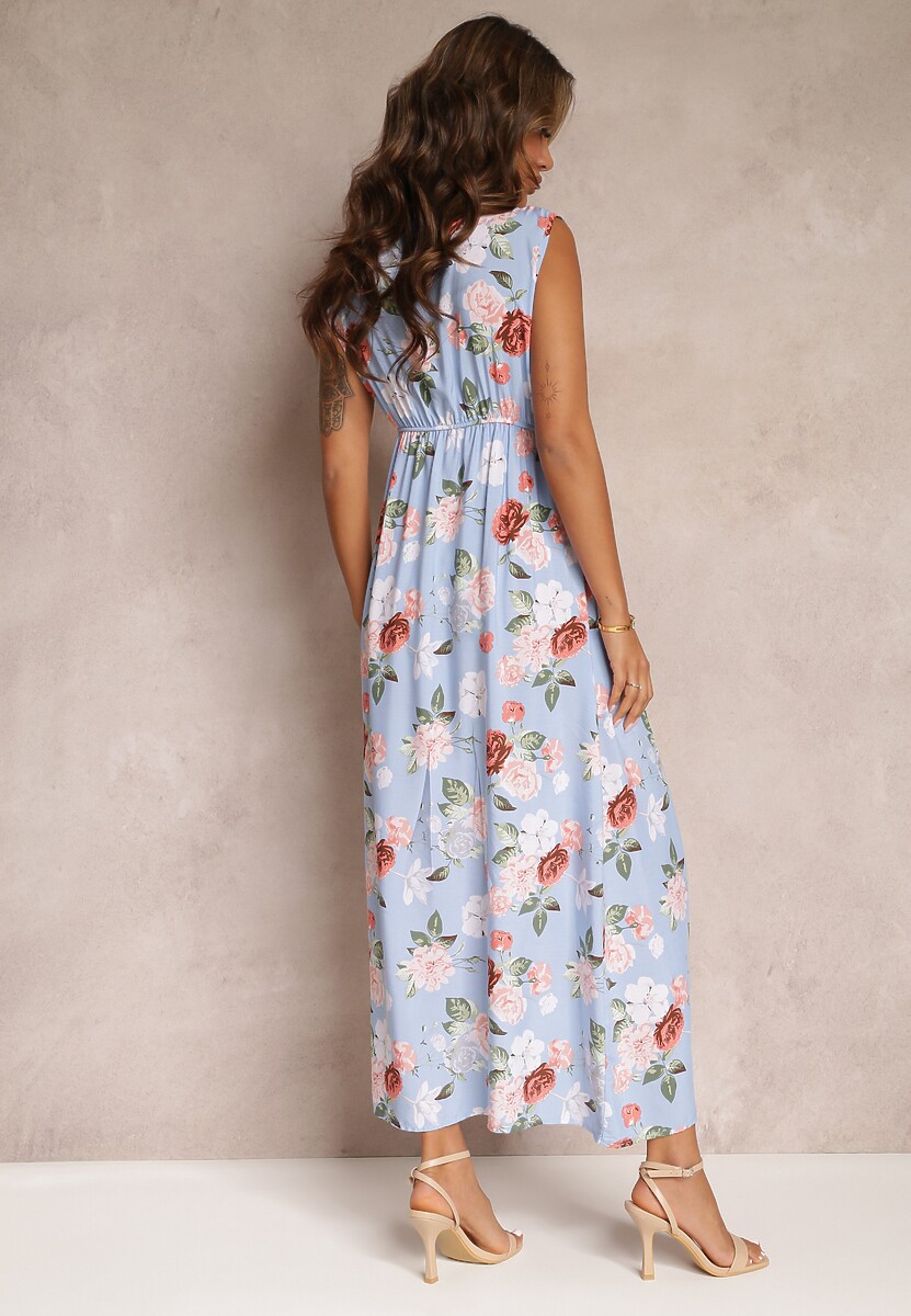 Jasnoniebieska Sukienka Maxi w Kwiaty z Gumką w Talii Kaleita