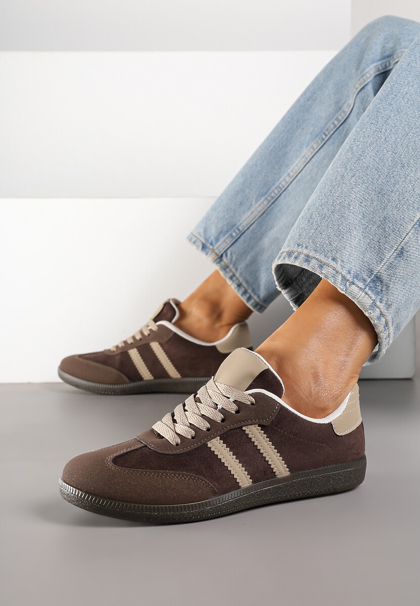Brązowe Casualowe Sneakersy z Ekozamszu na Płaskiej Podeszwie Pemeriana