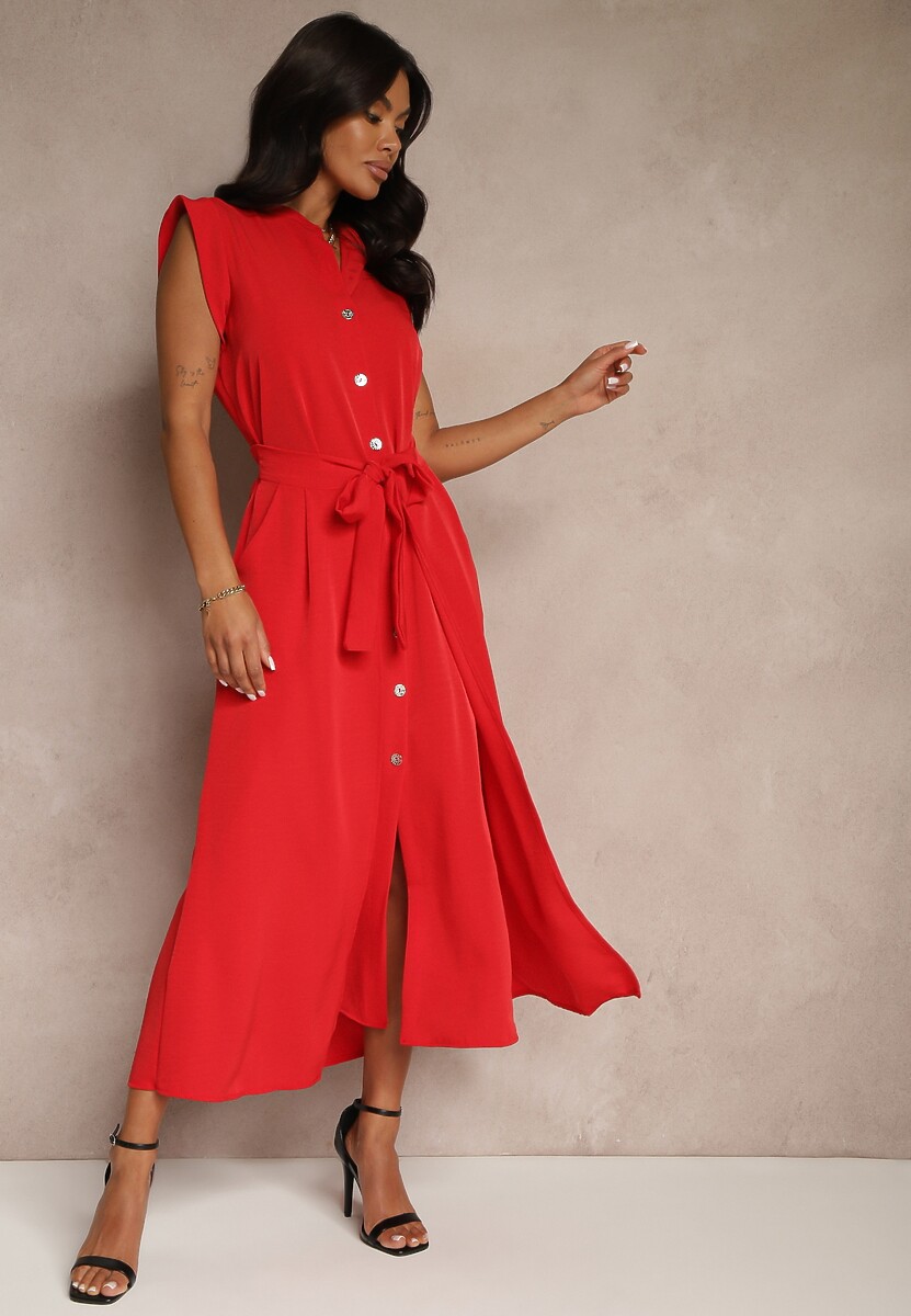 Czerwona Sukienka z Paskiem Koszulowa o Rozkloszowanym Fasonie Mavoselle