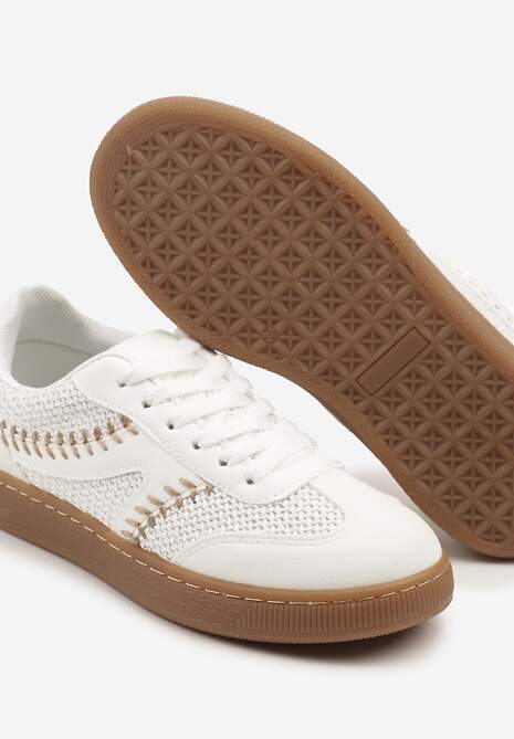 Białe Sneakersy w Stylu Klasycznych Tenisówek Zdobione Przeszyciami i Tweedem Koriznne